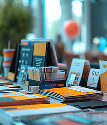 A table display of printed marketing materials and promo items