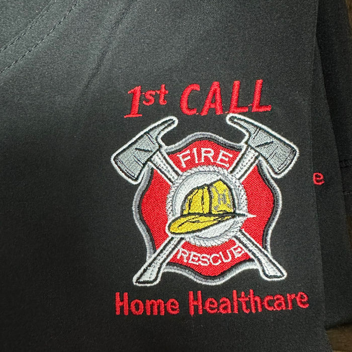 Embroidered garment with the 1st Call Fire Rescue Home Healthcare emblem